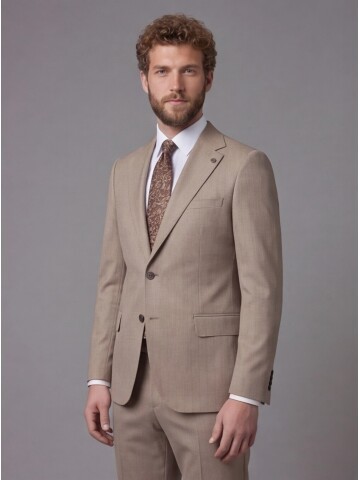 Açık Kahverengi Mono Yaka Comfort Fit Takım Elbise