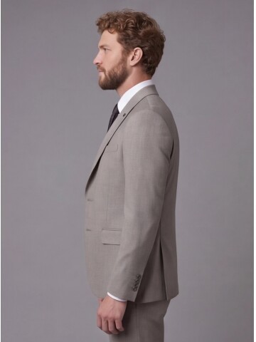 Açık Kahverengi Sivri Yaka Çift Düğmeli Slim Fit Yelekli Takım Elbise