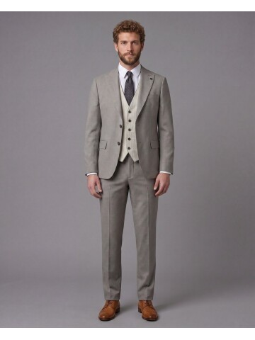 Açık Kahverengi Sivri Yaka Çift Düğmeli Slim Fit Yelekli Takım Elbise