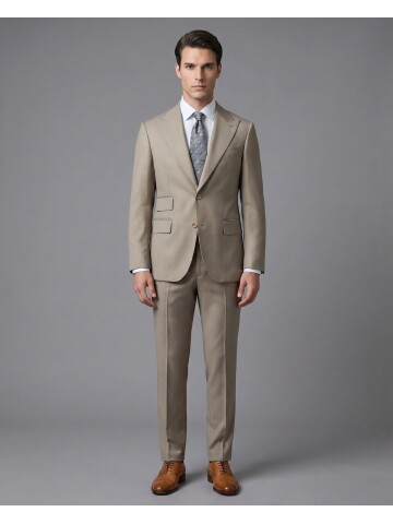 Açık Kahverengi Yünlü Sivri Yaka Comfort Fit Takım Elbise