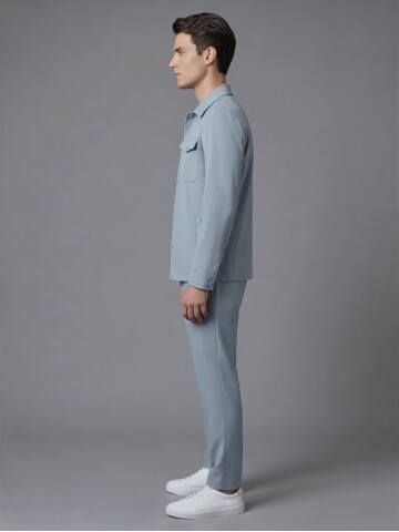 Light Blue Comfort Fit Shirt Collar Safari Pocket Sporty Suit