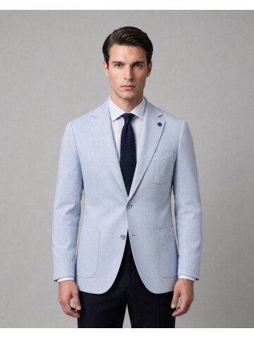 Light Blue Notch Lapel Pleated Patch Pocket Blazer