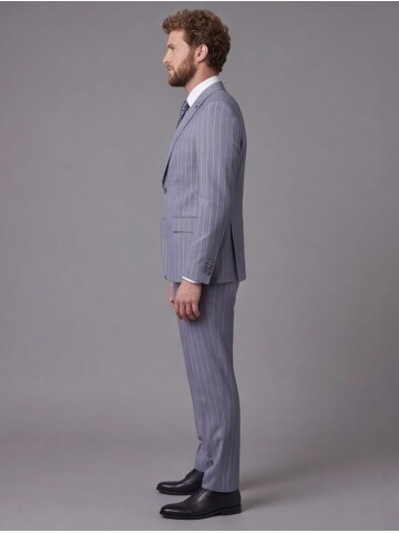 Açık Mavi Sivri Yaka Slim Fit Çizgili Takım Elbise