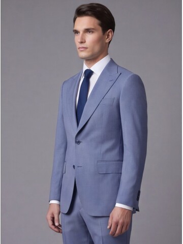 Açık Mavi Yünlü Sivri Yaka Comfort Fit Takım Elbise