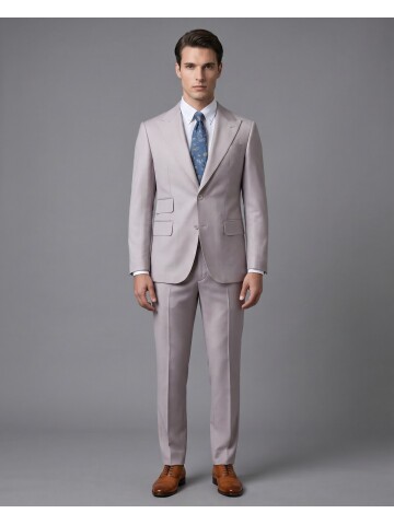 Açık Pembe Yünlü Sivri Yaka Comfort Fit Takım Elbise