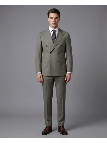 Açık Yeşil Yünlü Sivri Yaka Kruvaze Comfort Fit Takım Elbise