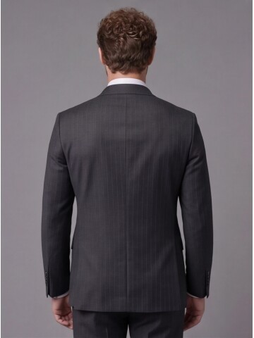 Antrasit Çizgili Yünlü Mono Yaka Comfort Fit Takım Elbise