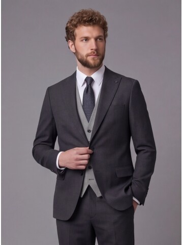 Antrasit Sivri Yaka Çift Düğmeli Slim Fit Yelekli Takım Elbise