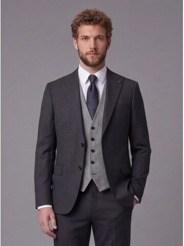 Antrasit Sivri Yaka Çift Düğmeli Slim Fit Yelekli Takım Elbise