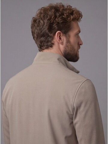 Bej Hakim Yaka Fermuarlı Comfort Fit Kısa Mont