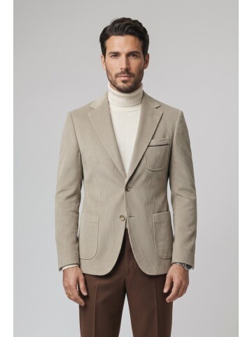Bej Kadife Mono Yaka Slim Fit Ceket