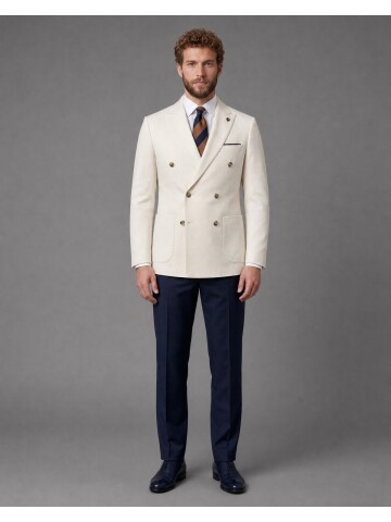 Bej Kruvaze Ceket Lacivert Pantolon Kombinli Slim Fit Takım Elbise