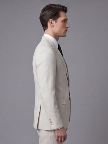 Bej Mono Yaka İki Düğmeli Slim Fit Takım Elbise