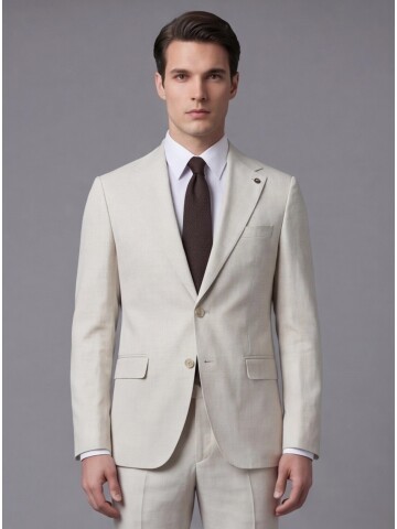 Bej Mono Yaka İki Düğmeli Slim Fit Takım Elbise