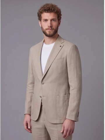 Bej Mono Yaka Slim Fit Torba Cep 2 Düğme Takım Elbise