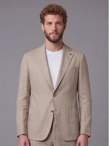 Bej Mono Yaka Slim Fit Torba Cep 2 Düğme Takım Elbise