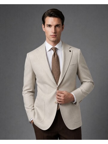 Bej Mono Yaka Slim Fit Torba Cep Ceket