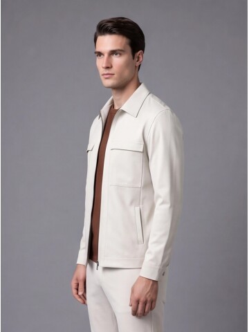 Beige Comfort Fit Zippered Safari Suit with Utility Pockets