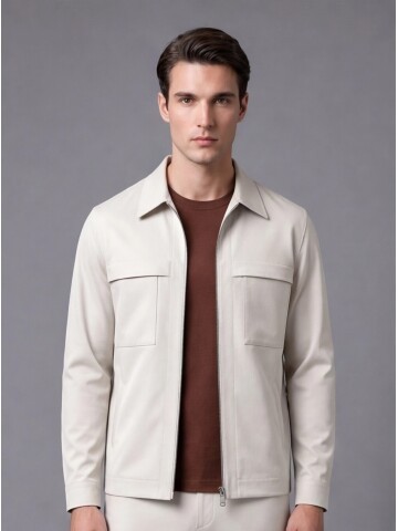 Beige Comfort Fit Zippered Safari Suit with Utility Pockets