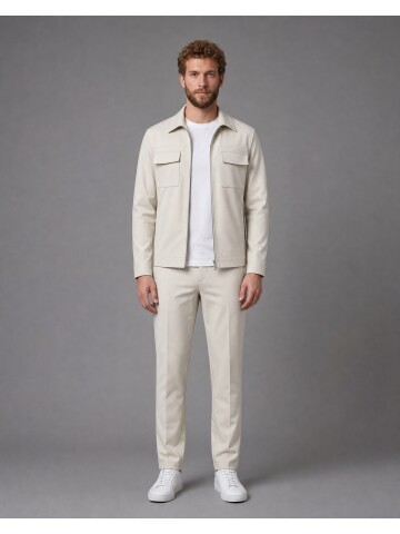 Beige Safari Pocket Zipper Comfort Fit Sport Suit