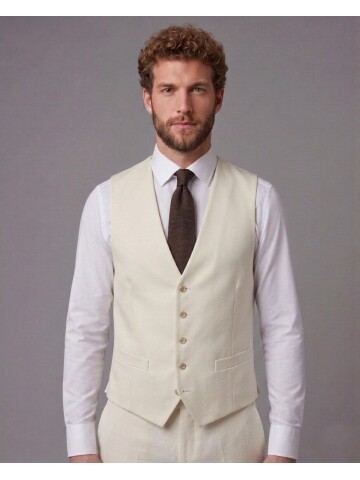 Bej Sivri Yaka Çift Düğmeli Slim Fit Yelekli Takım Elbise