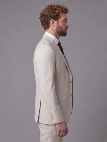 Bej Sivri Yaka Çift Düğmeli Slim Fit Yelekli Takım Elbise