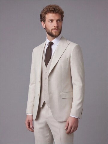 Bej Sivri Yaka Çift Düğmeli Slim Fit Yelekli Takım Elbise