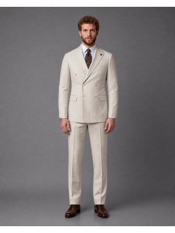 Beige Peak Lapel Double Breasted Suit