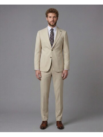 Beige Peak Lapel Slim Fit 2-Button Patch Pocket Suit