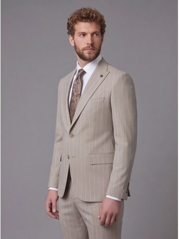 Bej Sivri Yaka Slim Fit Çizgili Takım Elbise