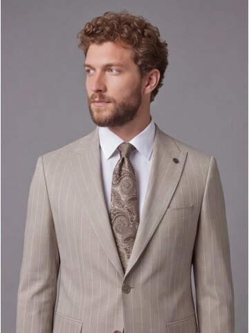 Bej Sivri Yaka Slim Fit Çizgili Takım Elbise