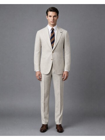 Beige Wool Suit with Pointed Lapels