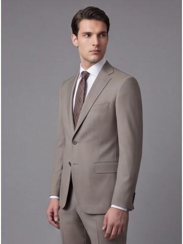 Bej Yünlü Mono Yaka Regular Fit 2 Düğme Takım Elbise