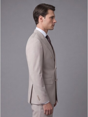 Bej Yünlü Sivri Yaka Kruvaze Comfort Fit Takım Elbise