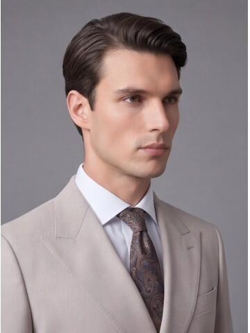 Bej Yünlü Sivri Yaka Kruvaze Comfort Fit Takım Elbise