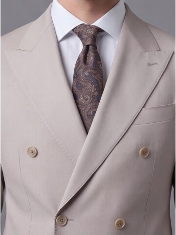 Bej Yünlü Sivri Yaka Kruvaze Comfort Fit Takım Elbise