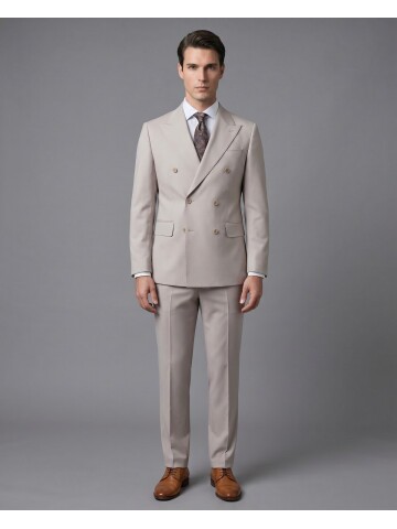 Bej Yünlü Sivri Yaka Kruvaze Comfort Fit Takım Elbise