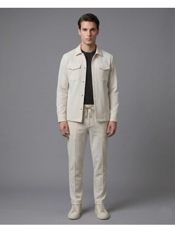 Beyaz Gömlek Yaka Safari Cep Comfort Fit Spor Takım