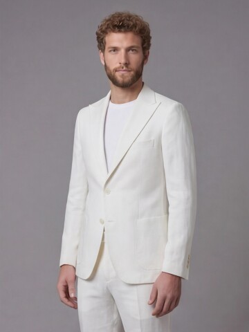 Açık Bej Keten Sivri Yaka Comfort Fit Torba Cep 2 Düğme Takım Elbise