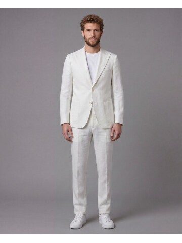 Açık Bej Keten Sivri Yaka Comfort Fit Torba Cep 2 Düğme Takım Elbise