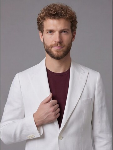 Beyaz Keten Sivri Yaka Comfort Fit Torba Cep 2 Düğme Takım Elbise