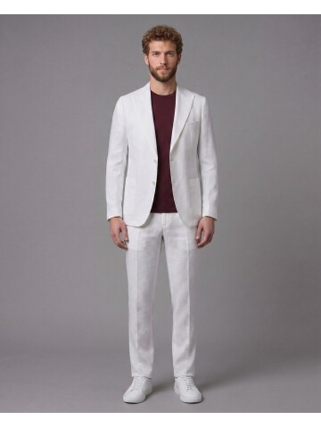 Beyaz Keten Sivri Yaka Comfort Fit Torba Cep 2 Düğme Takım Elbise