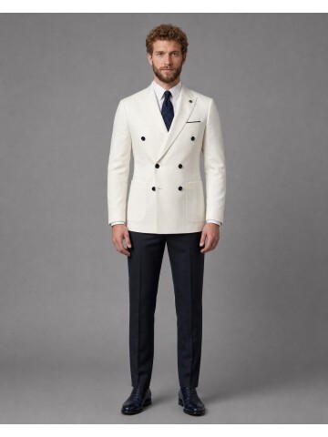Beyaz Kruvaze Ceket Lacivert Pantolon Kombinli Slim Fit Takım Elbise