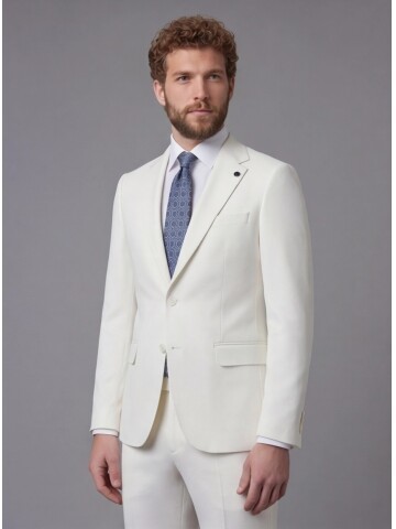 Beyaz Mono Yaka Slim Fit 2 Düğme Takım Elbise