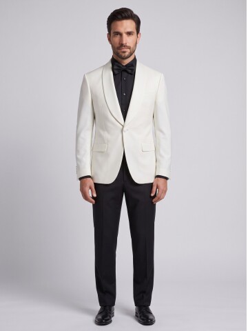 Beyaz Şal Yaka Slim Fit Damatlık