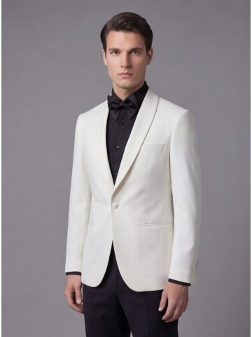 Beyaz Şal Yaka Tek Düğme Slim Fit Damatlık