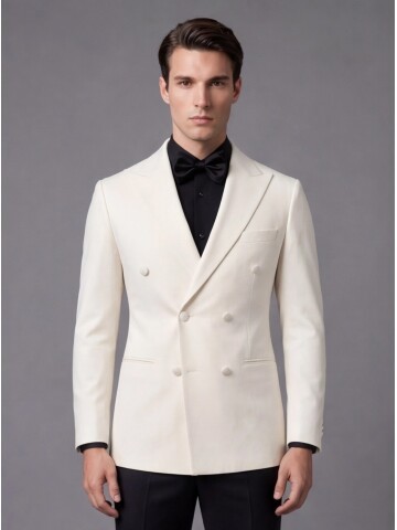 Beyaz Sivri Yaka Slim Fit 6 Düğme Kruvaze Damatlık