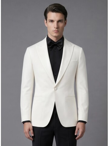 Beyaz Sivri Yaka Slim Fit Tek Düğme Damatlık