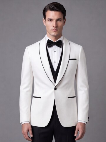 Beyaz Slim Fit Şal Yaka Tek Düğme Damatlık