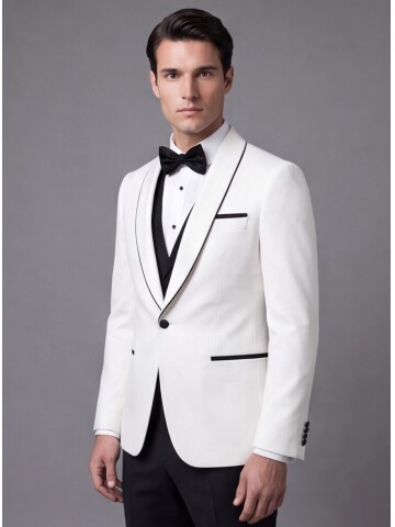 Beyaz Slim Fit Şal Yaka Tek Düğme Damatlık